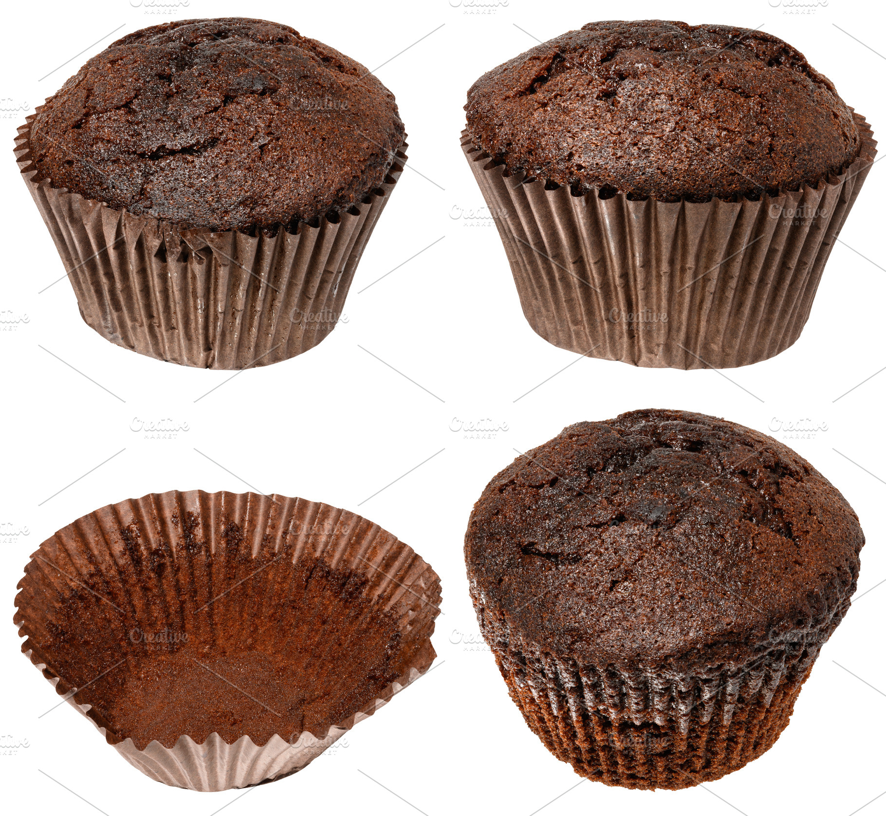 Collage of three chocolate muffins in paper cups and one empty p, a Food & Drink Photo by ndanko