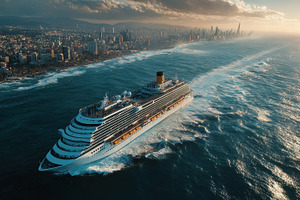 Cruise Ship Sailing Coastal City Sky, a Photo by Pixeness Studio