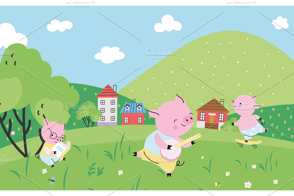 Three pigs plays on meadow. Cartoon, an Animal Illustration by Valerie Bodnar
