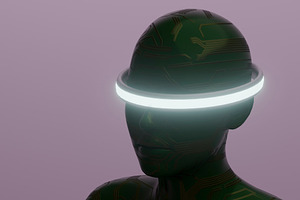 Green circuit humanoid with glowing circular visor, a Technology Photo by RF Images