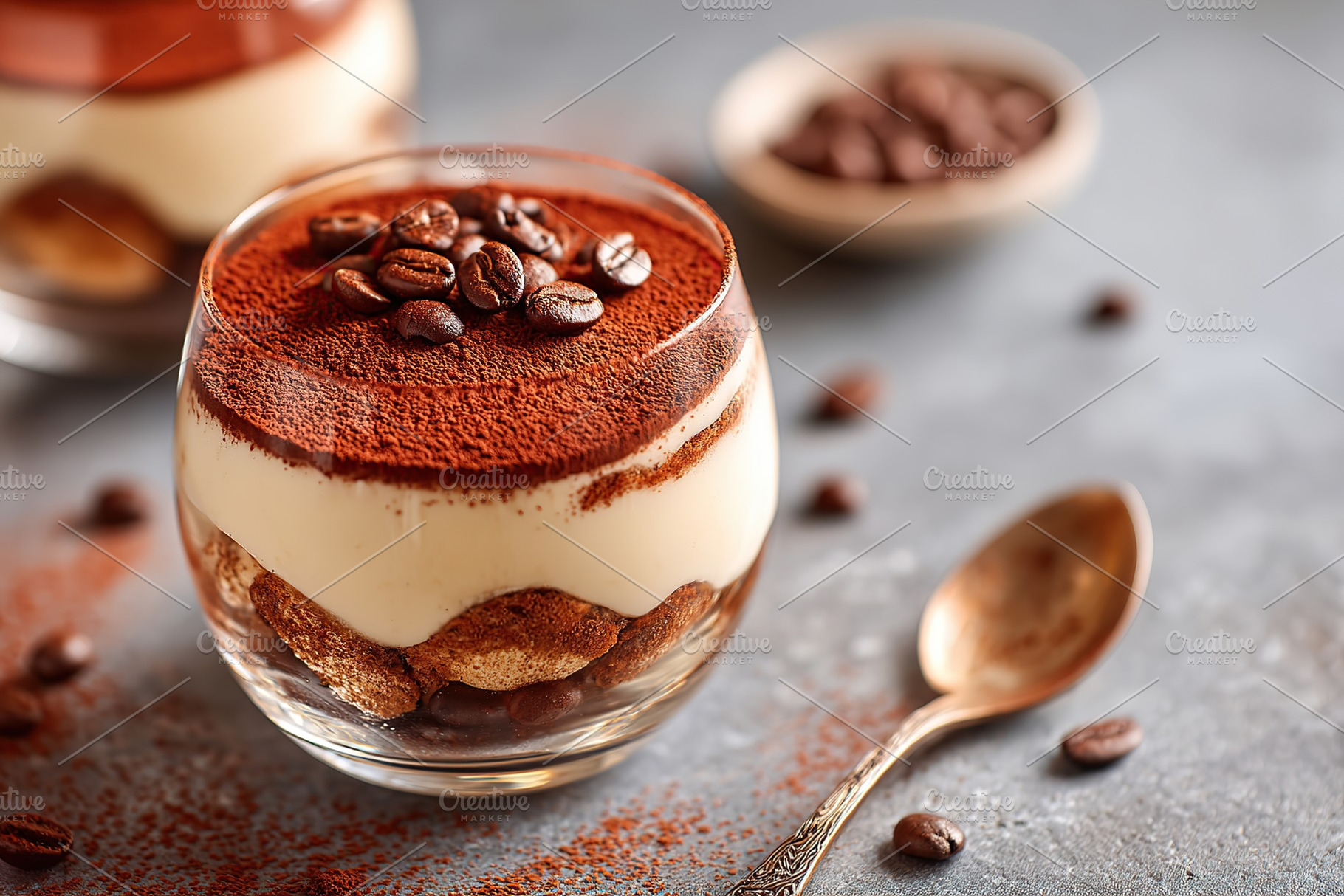 Delicious dessert served in a glass with cocoa and layered cream atop coffee-so, a Food & Drink Photo by AlyaAnd