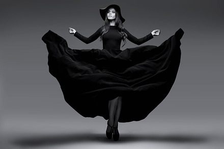 Elegant woman in long black dress containing black, white, and hat, a Beauty & Fashion Photo by MaxFrost