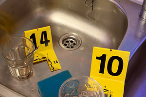 Criminal investigation marking evidence in kitchen sink