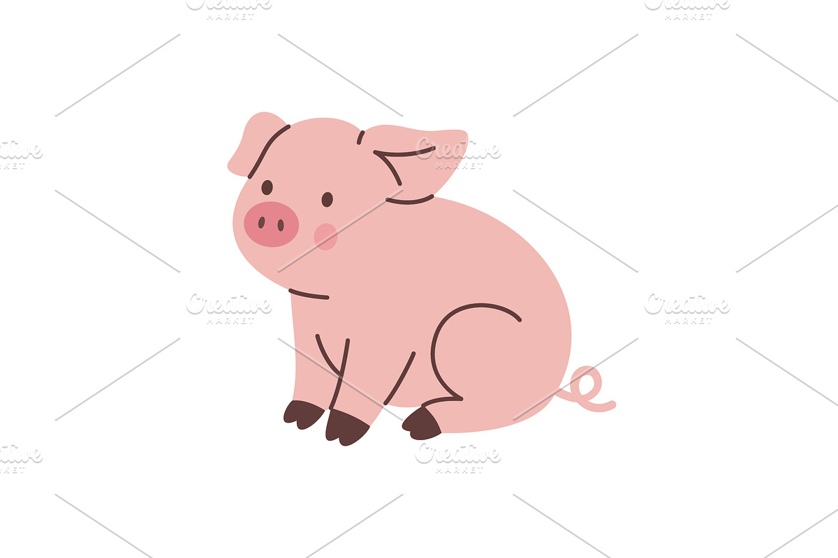 Pink piglet with round cheeks and, an Animal Illustration by GraphiShop