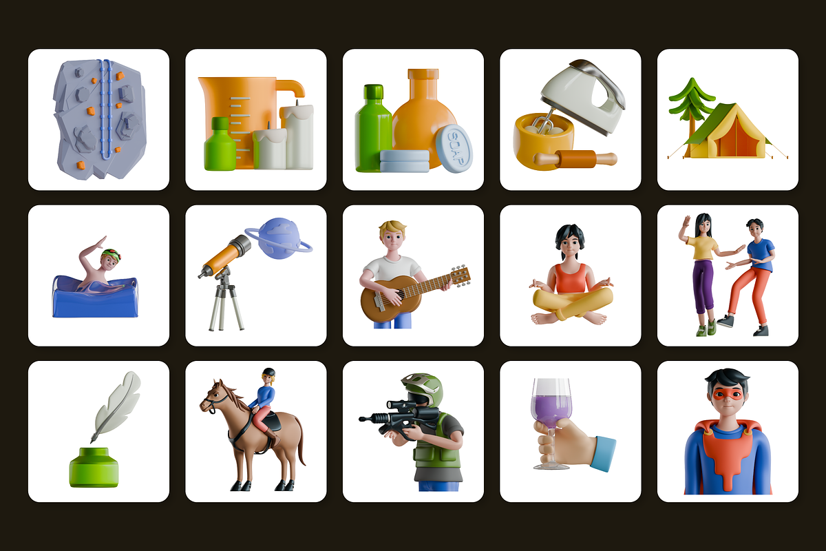 3D Hobby Icon Set, a Characters & Person 3D Model by Flat Icons (Photo 7 of 8)