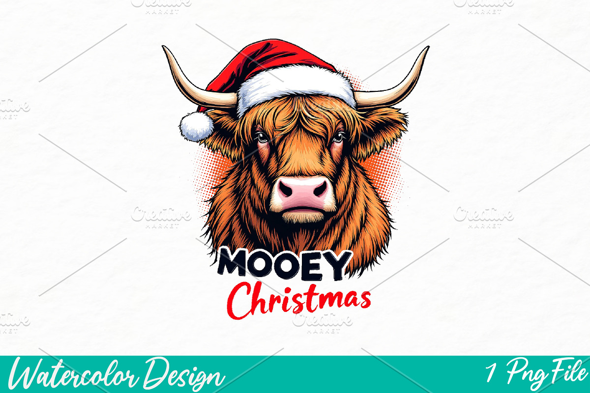 Mooey Christmas PNG, an Illustration by Watercolor design (Photo 1 of 3)