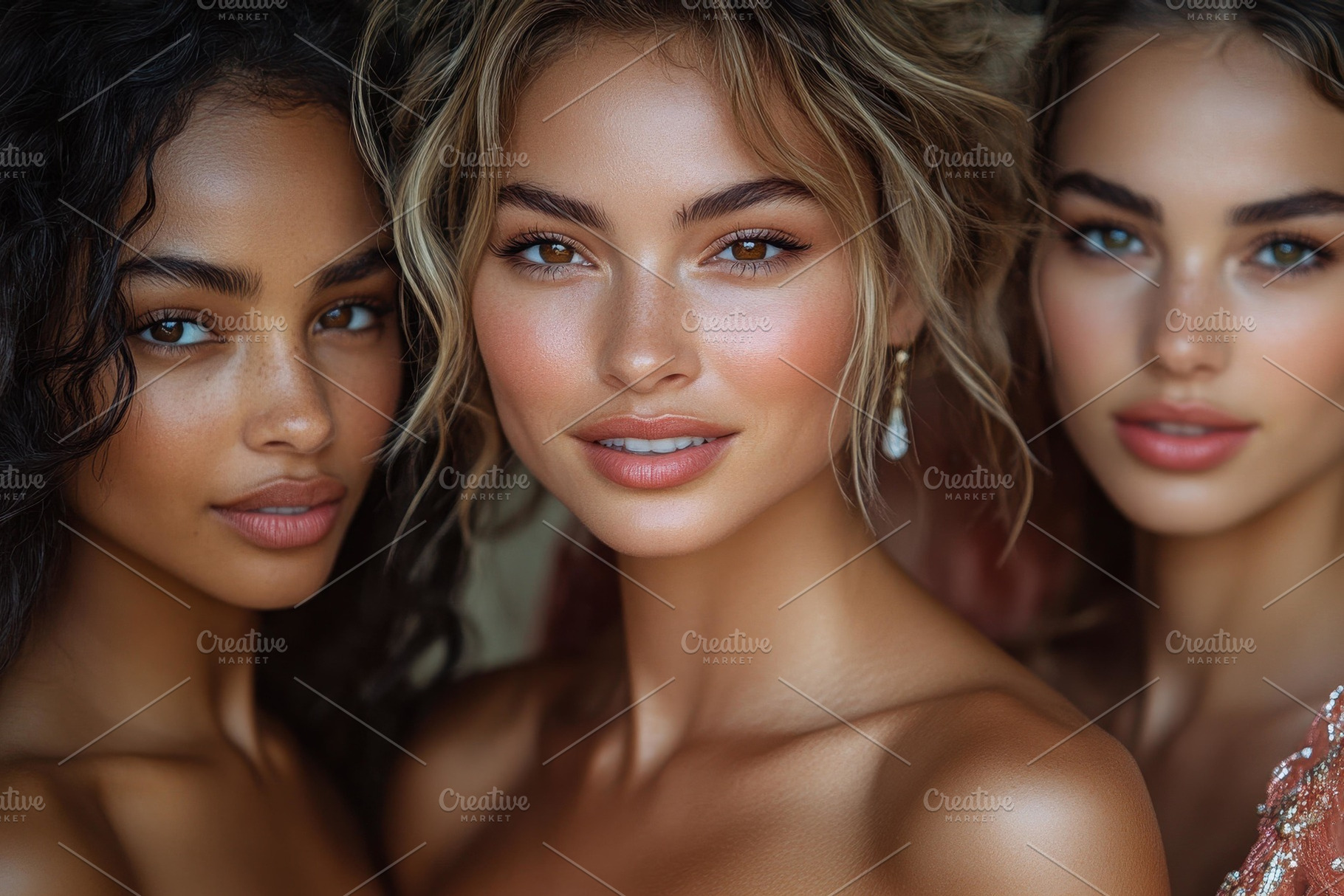 Three women showcasing natural beaut, a Photo by Tanuart