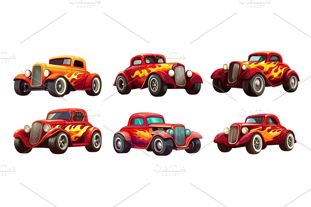 Hot rod cartoon vector set. American, a Transportation Illustration by Onyx