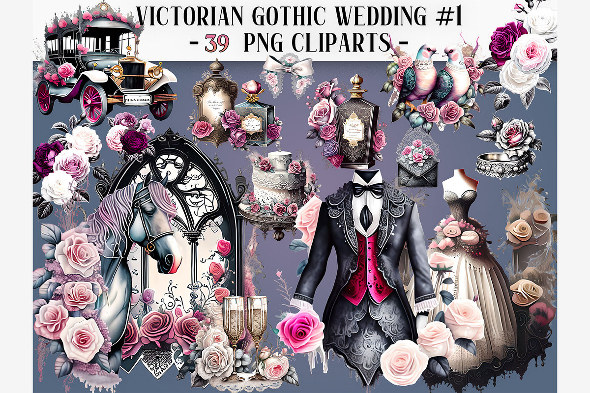 Victorian Gothic Wedding #1 Cliparts, a Seasonal Illustration by EdeniaArtStudio (Photo 1 of 10)