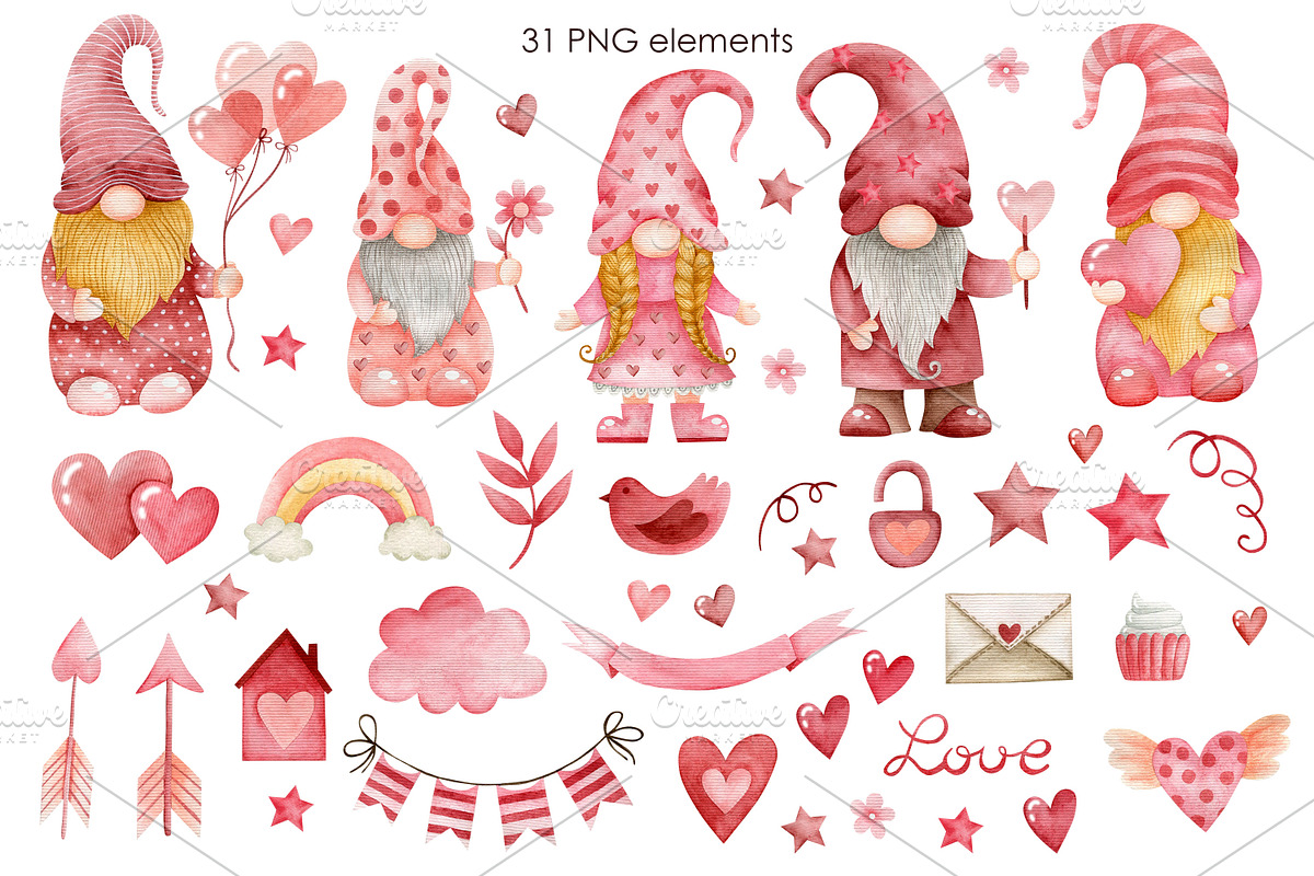 Watercolor Gnomes Valentine's day, a Decorative Illustration by Kira Konoshenko (Photo 2 of 11)