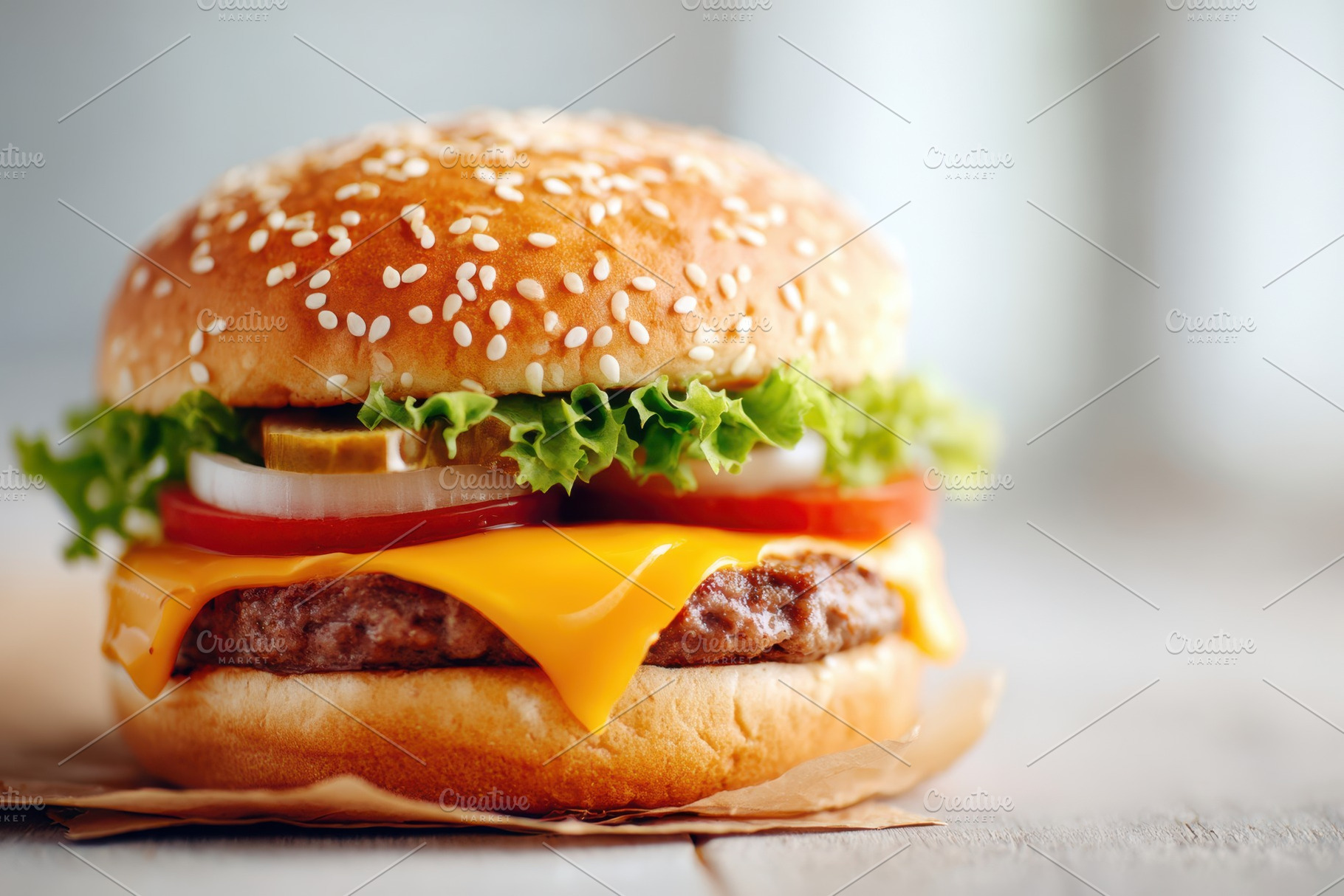 Classic cheeseburger with sesame bun, a Food & Drink Photo by AlyaAnd