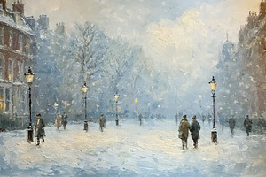 Oil painting of a snowy London street scene, people walking unde, an Illustration by Studio ANNA