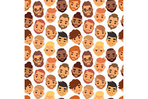 Various Expressions Bearded Man Face Avatar Fashion Hipster Hairstyle Head Person Mustache Vector Seamless Pattern.