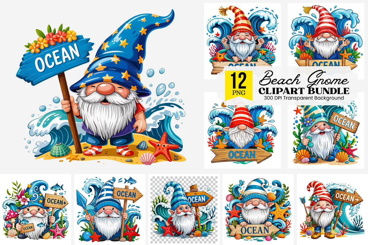 Beach Gnome Summer PNG Bundle, a Graphic by Clipart Studio (Photo 1 of 12)