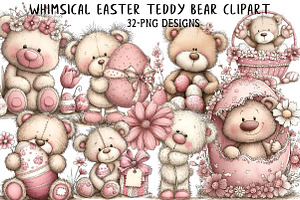 Whimsical Easter Teddy Bear Clipart, an Illustration by Daily.Designs