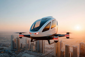 Futuristic flying drone taxi over city skyline at sunset, a Transportation Photo by AlyaAnd