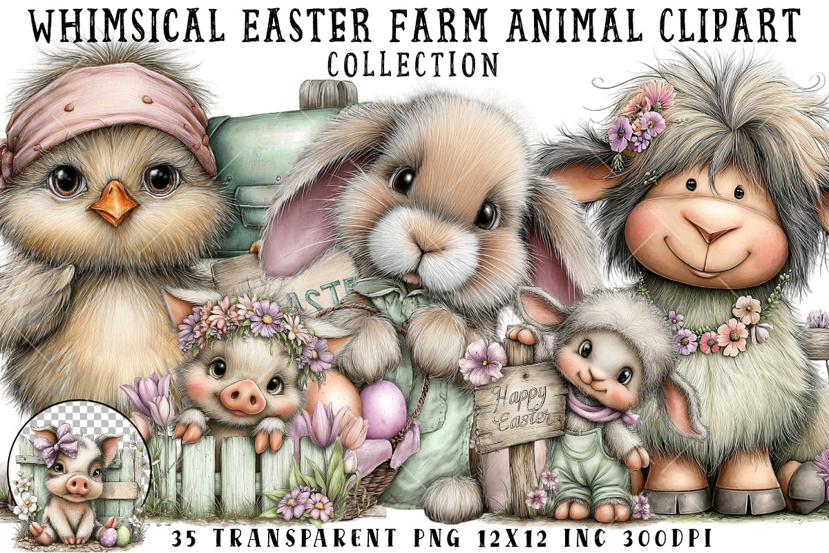 Whimsical Easter Farm Animal Clipart, an Illustration by OK Design (Photo 1 of 6)