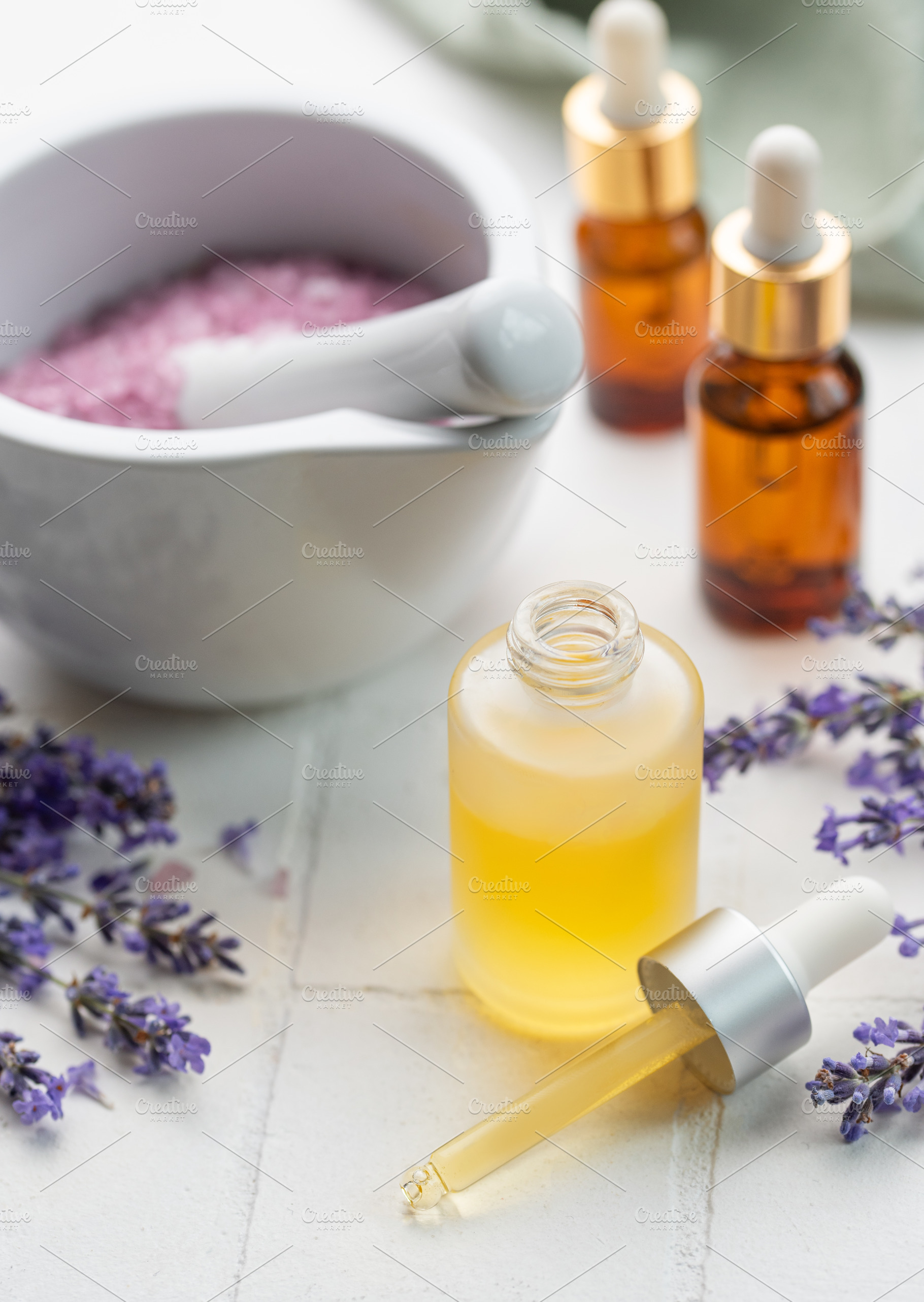 Lavender salt, natural essential oil and fresh lavender, a Health & Medical Photo by Olena Rudo