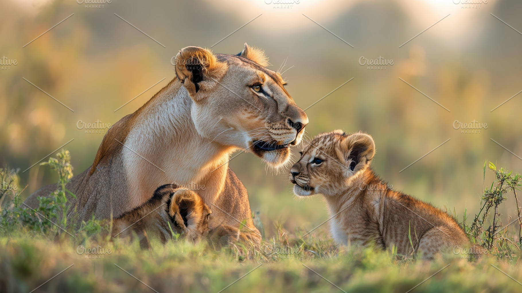 Lioness and cubs resting in the tall, an Animal Photo by Pixeness Studio