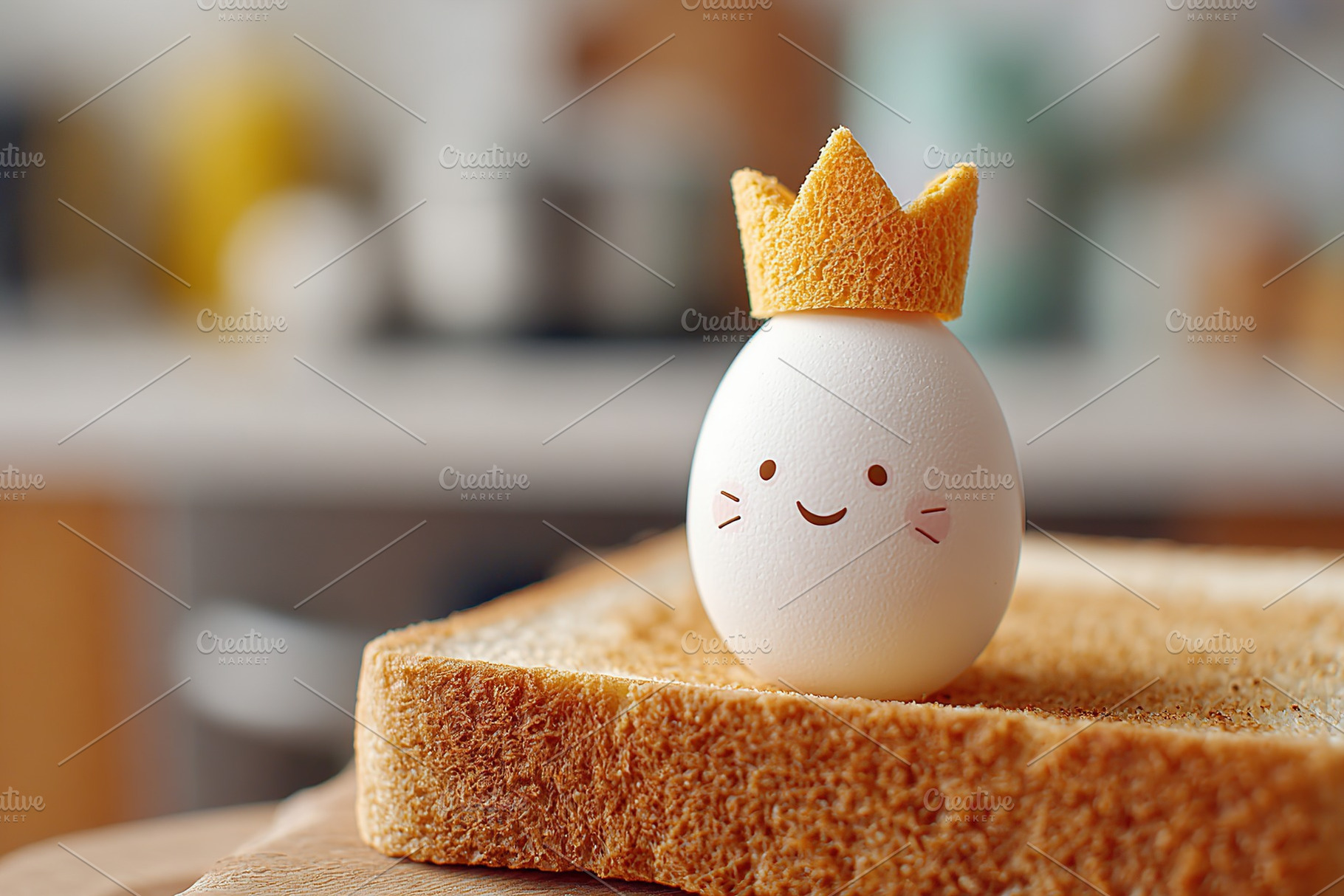 Egg wearing a tiny paper crown sits proudly on a slice of toast in a cozy kitch, a Food & Drink Photo by AlyaAnd
