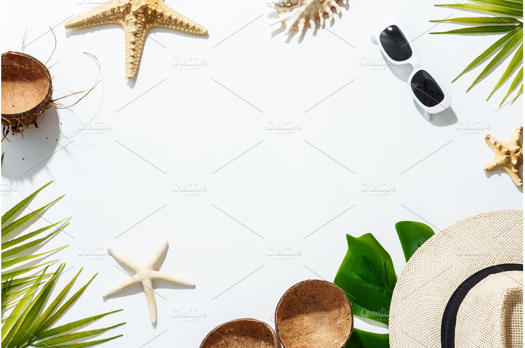 Summer flat lay background with palm, a Holiday Photo by Nadia-nb