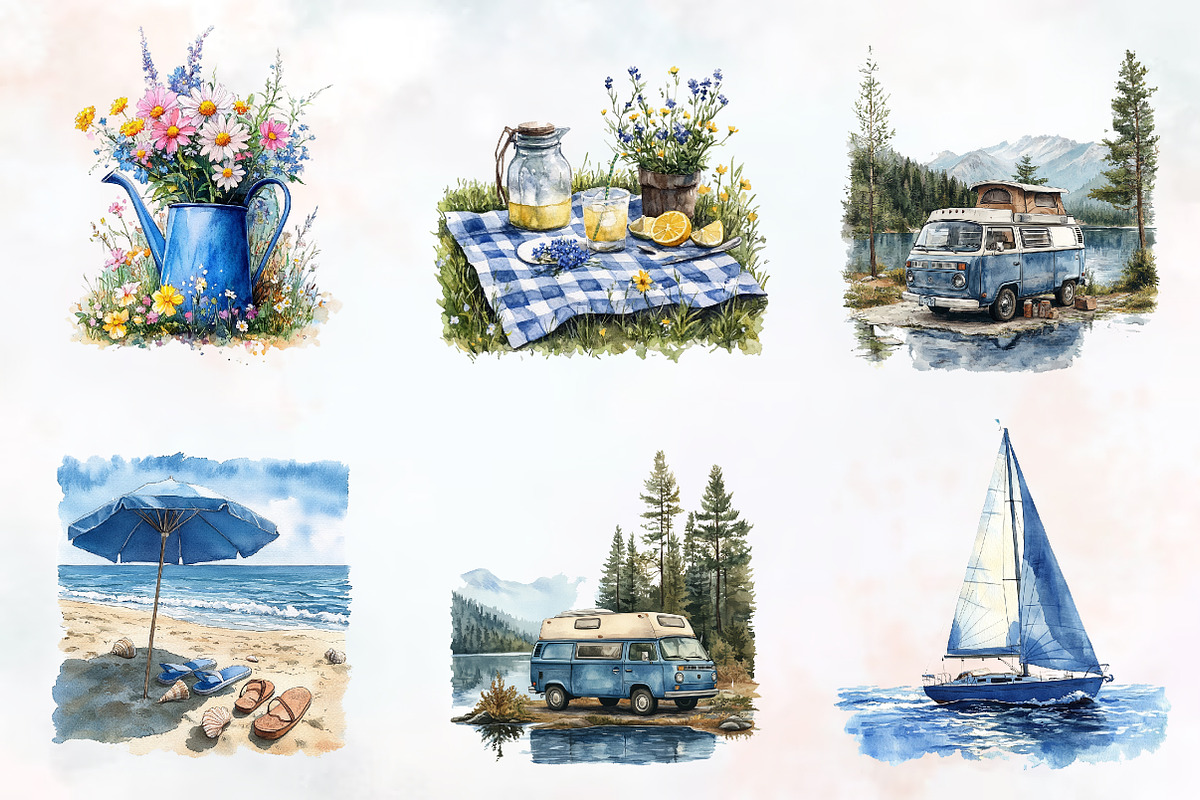 Blue Summer Outdoor Watercolor Clipa, a Seasonal Illustration by RobertsArt (Photo 7 of 7)