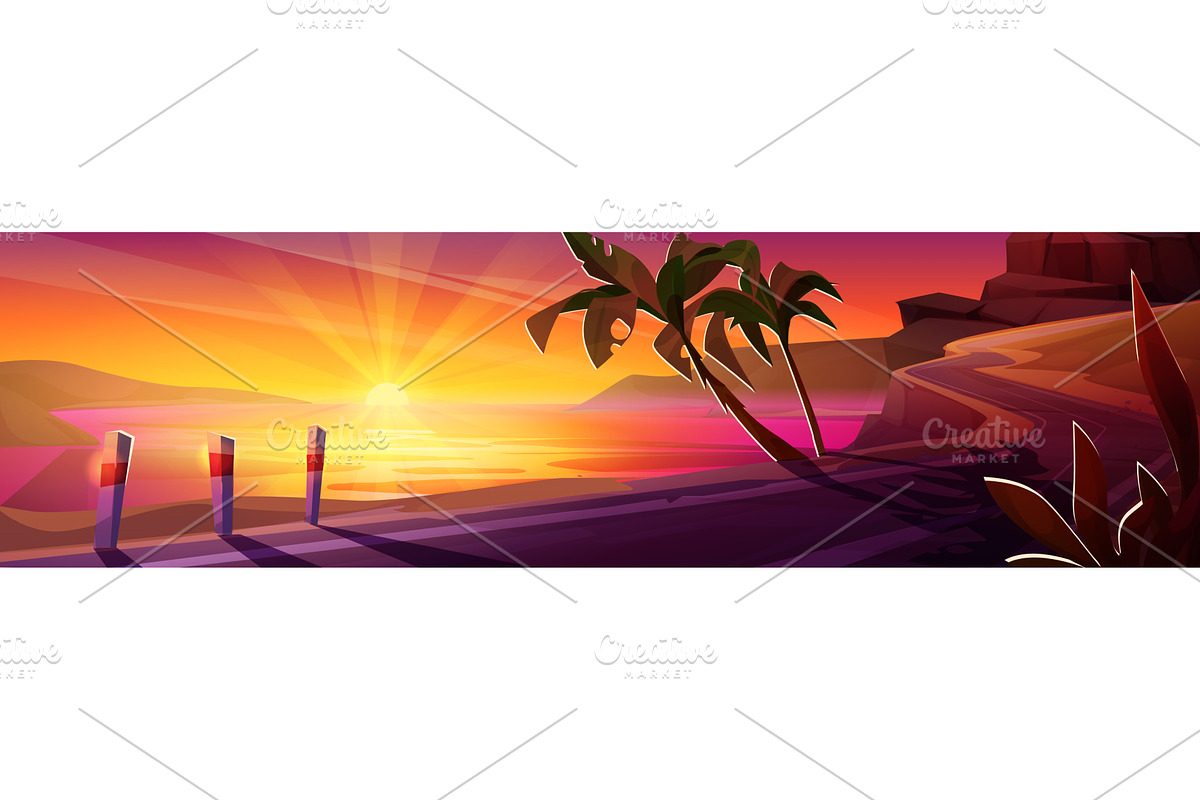 Tropical sunset road with glowing, an Illustration by art PVP - market