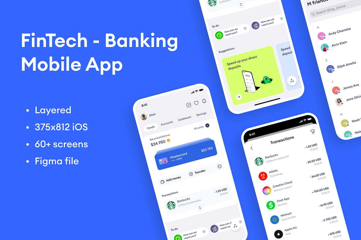 Fintech & Banking Mobile App UI kit, an App Template by ulvinomarov (Photo 1 of 3)
