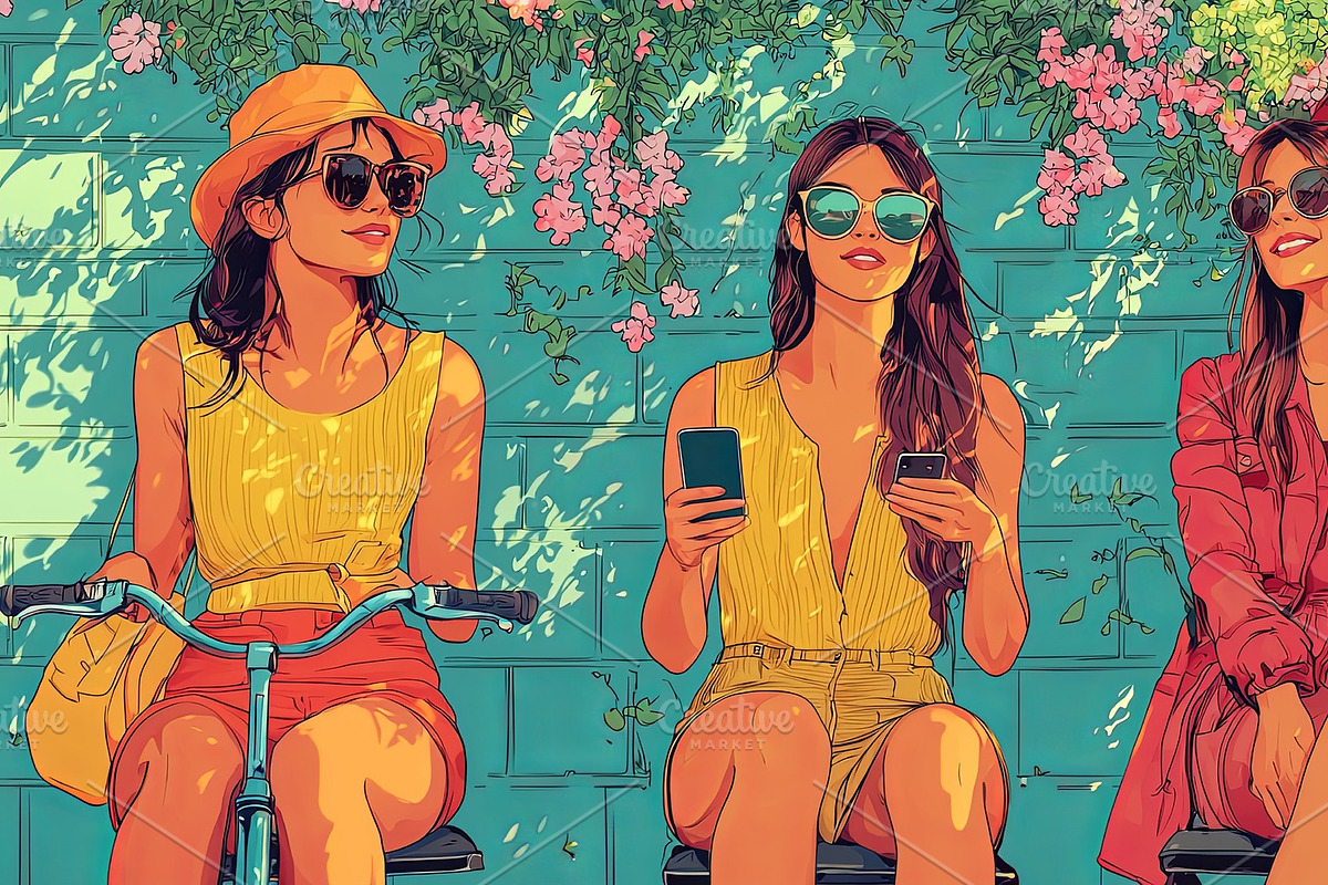 Young women enjoying leisure time outdoors with bright vibrant surroundings and, an Illustration by AS photostudio