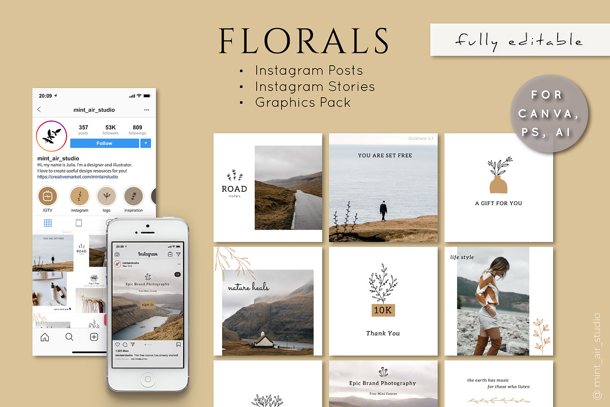 Instagram Post & Stories. Florals, a Social Media Template by Mint Air Studio (Photo 1 of 9)