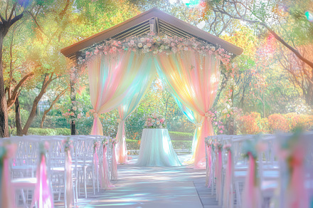 A beautifully decorated outdoor wedding venue featuring a floral arch with past, an Arts & Entertainment Photo by Textures & Backgrounds
