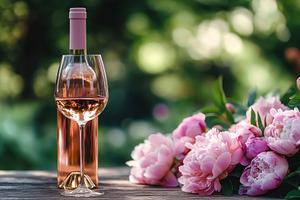 Bottle and glass of rose wine next, a Photo by Pavel_design