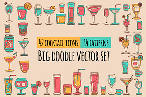 Doodle cocktail icons and patterns