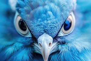 Vivid close-up of a striking blue bird with intense eyes, an Abstract Photo by AlyaAnd