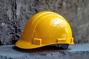 Yellow safety helmet resting on a textured grey wall in a constr, an Industrial Photo by AlyaAnd