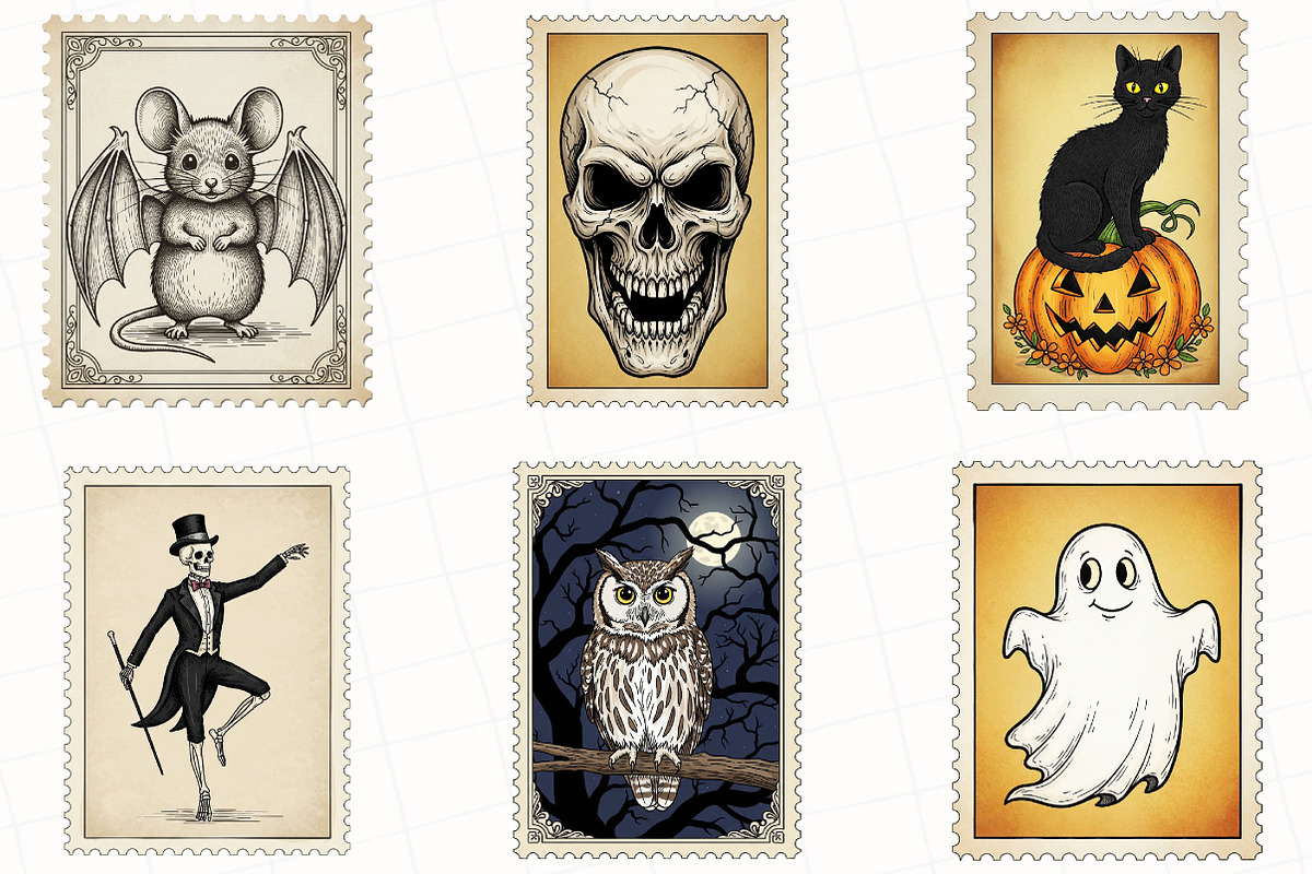 Vintage Halloween Postage Stamp PNG, an Illustration by OK Design (Photo 2 of 5)