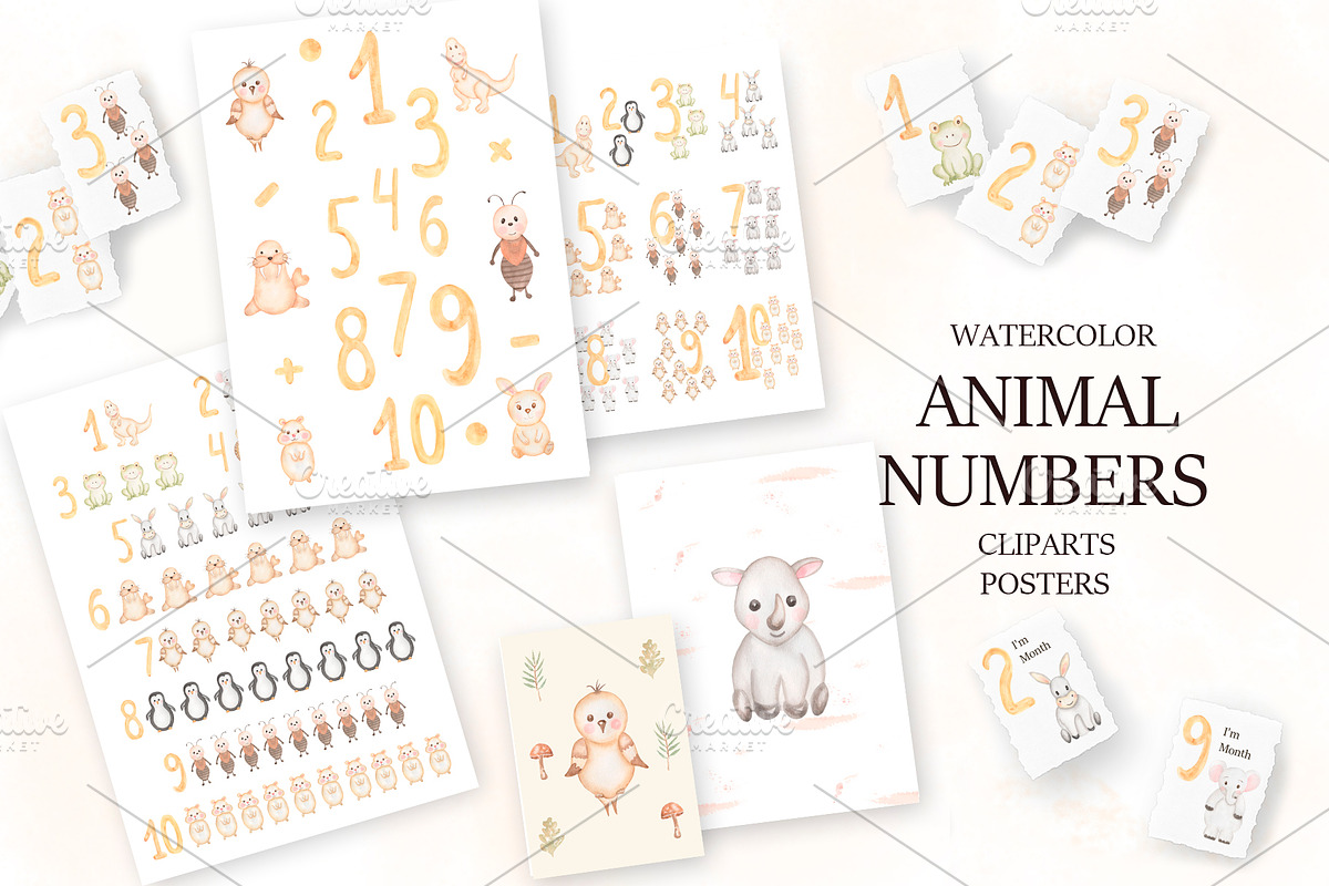 Watercolor Animal Numbers Set, an Animal Illustration by MayaNavits (Photo 1 of 8)