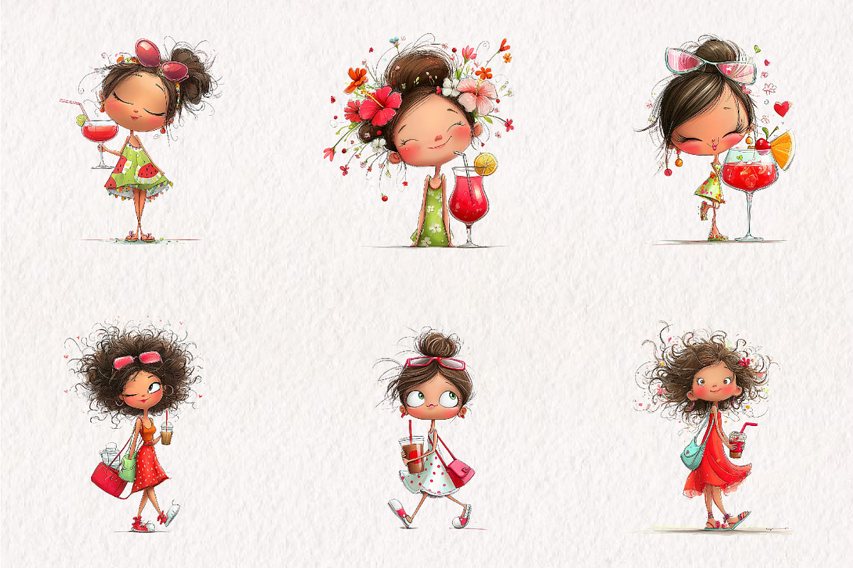Whimsical Summer Girls with Drinks, an Illustration by CreationArt (Photo 7 of 7)