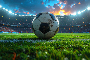 Soccer ball on stadium grass at sunset, a Sports & Recreation Photo by Davizro's Market