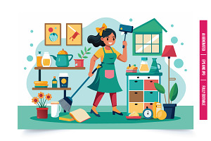 A woman is cleaning her home with a, an Illustration by Tanuart