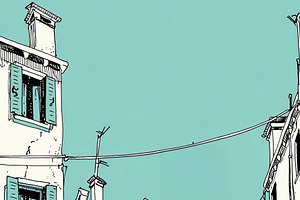 Hand-drawn urban street with a walking woman under a clear sky, an Illustration by AS photostudio