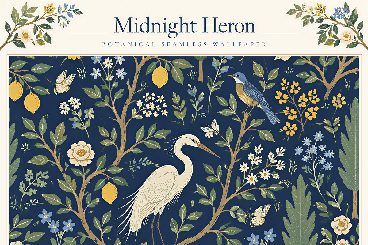 Midnight Heron | Botanical Wallpaper, a Wallpaper Graphic by by creative paper (Photo 1 of 15)