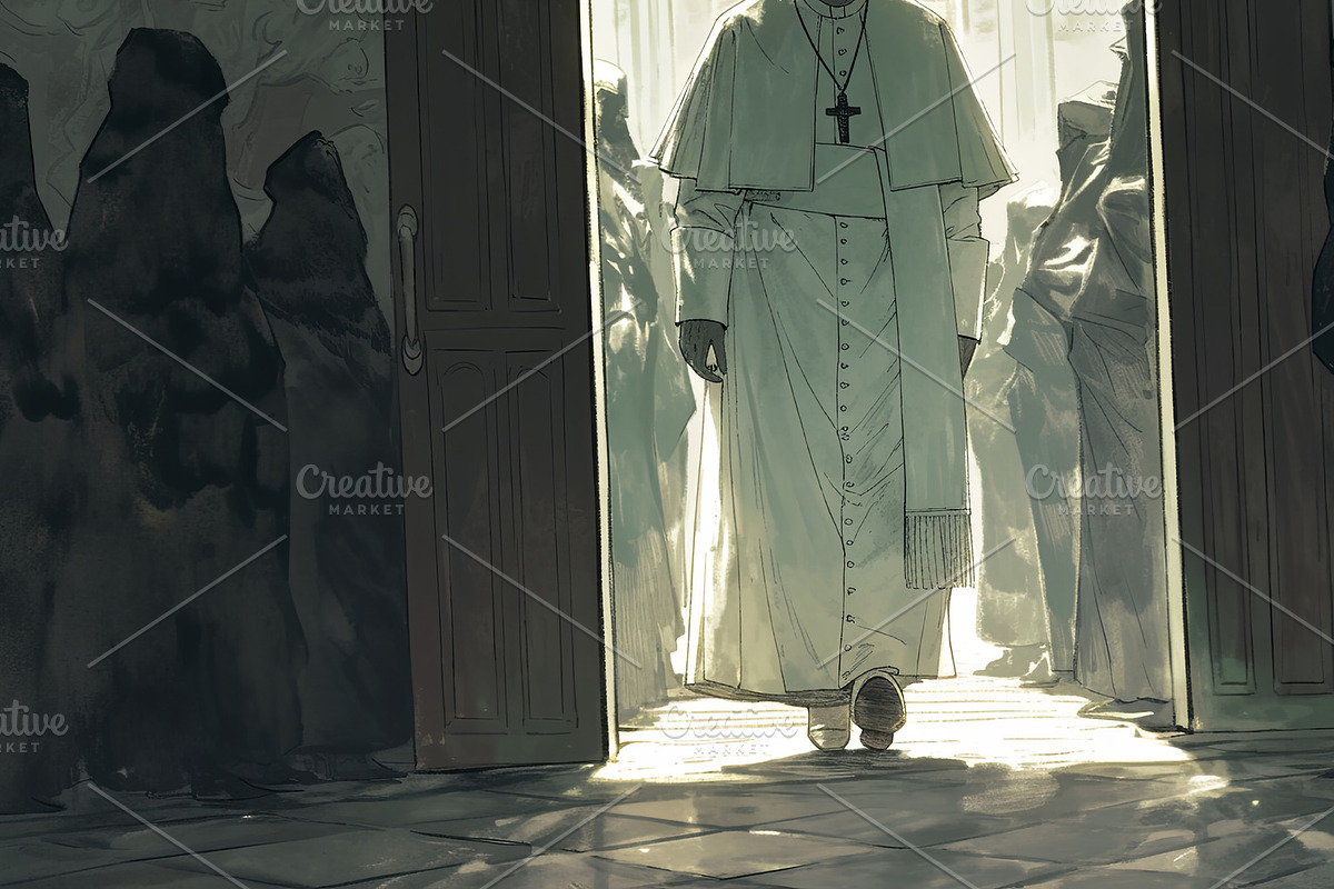 A religious leader walks through a bright church entrance with reverence, an Illustration by AS photostudio