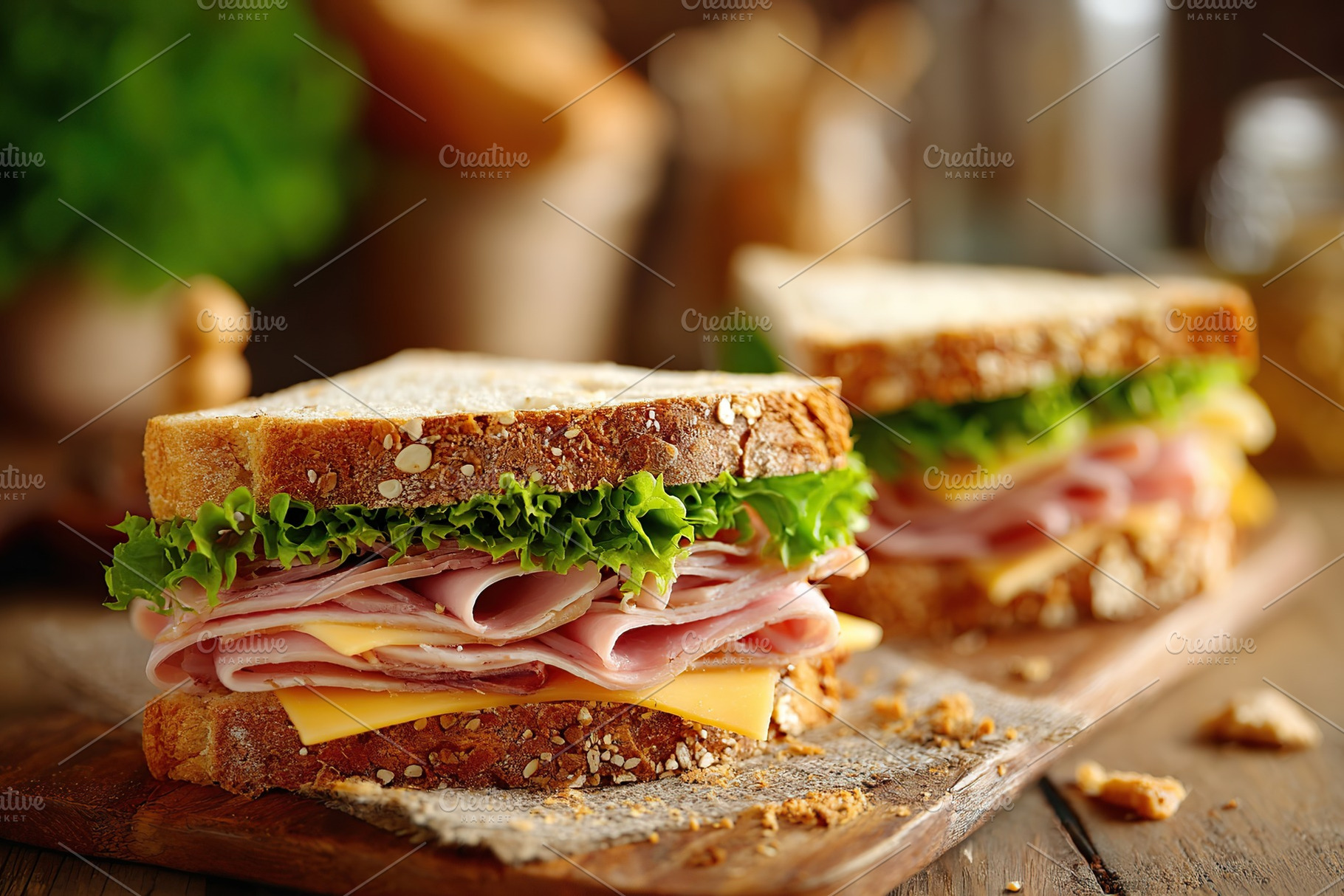 Delicious sandwich stacked with ham, melted cheese, and fresh lettuce on rustic, a Food & Drink Photo by AlyaAnd