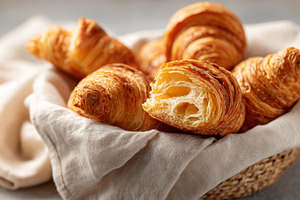 Fresh baked croissants in basket, a Food & Drink Photo by AlyaAnd