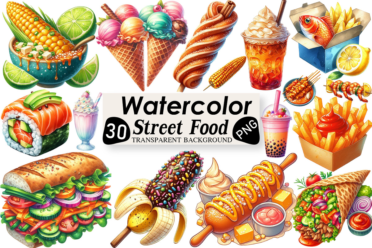 Watercolor Street Food Clipart, an Illustration by Black Bird Studio (Photo 1 of 6)