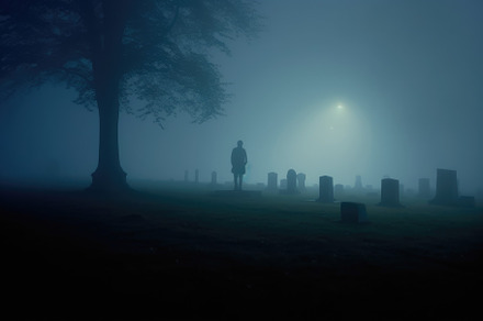An eerie shot taken at the stroke of midnight, capturing the fog, a Holiday Photo by designvectx