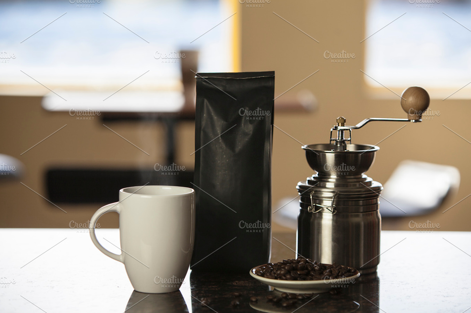 Steaming Coffee, Bag and Grinder, a Food & Drink Photo by ZedProMedia