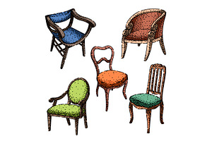 antique chair set sketch hand drawn, an Illustration by pikepicture