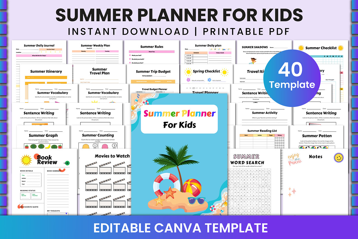 Summer Planner For Kids For Canva, a Stationery Template by Shumaya (Photo 1 of 5)